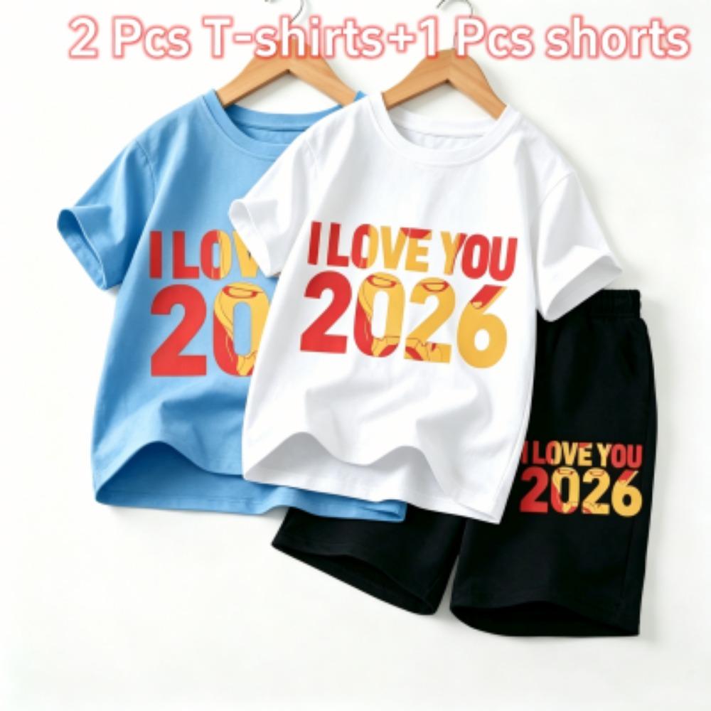 Fashion Letters I Love You 2026 Print Outdoor Street Kids T-shirt and Shorts Summer Home Casual Outfit Boy and Girl's Sports Set