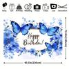 2D Flat Blue Butterfly Birthday Banner Watercolor Floral Happy Birthday Backdrop for Party