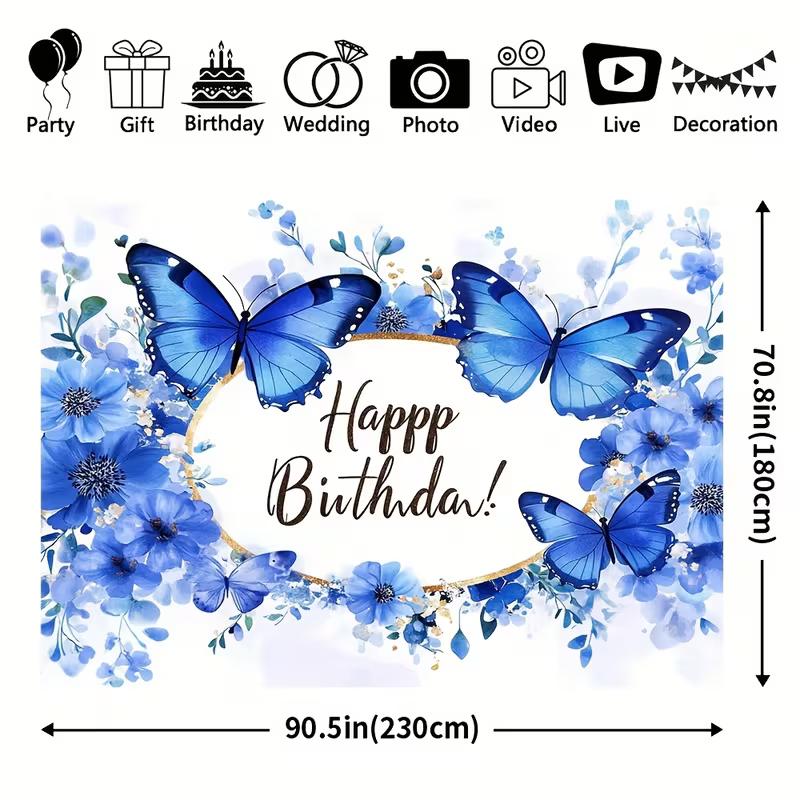 2D Flat Blue Butterfly Birthday Banner Watercolor Floral Happy Birthday Backdrop for Party