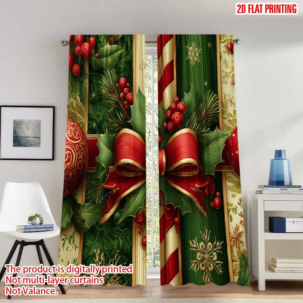 

Set Of 2 Flat Printing Merry Christmas Trendy Curtains Holly Bow Candy Canes Digital Printed Polyester Drapes Spring Curtain W100*H70(CM)-Grommet top&2PCS