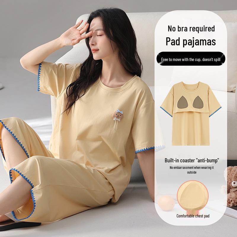 Women's Pure Cotton Pajama Set with Built-in Bra, Short Sleeve Top & 7/8 Pants - Sweet Summer Homewear.