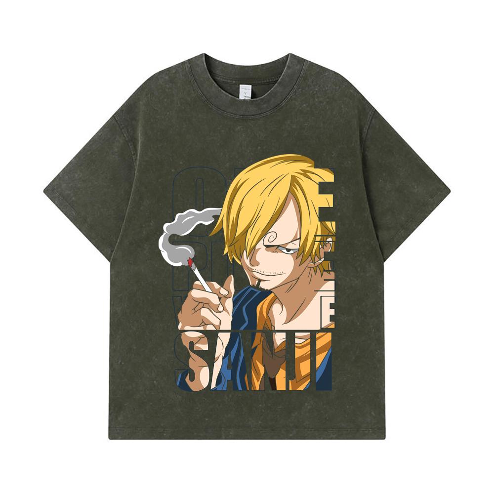 

275 GSM Washed T-shirts 100% Cotton One Piece V62 Sanji Print Unisex Heavy Cotton T Shirt S армия зеленый