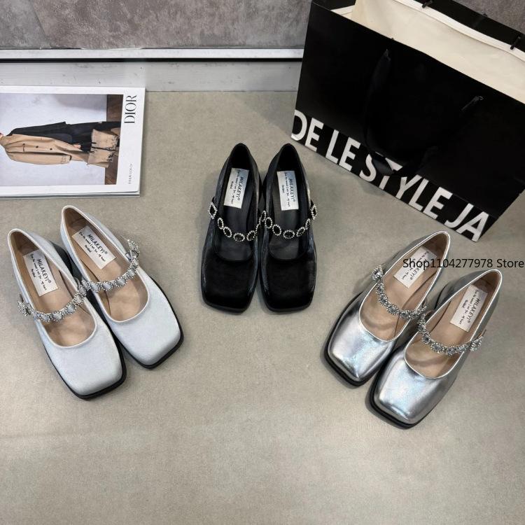 Fashion Women's Fashion High Heel Single Shoes Autumn New Square Head Shallow Mouth Rhinestone Thick with Temperament Mary Jane Shoes