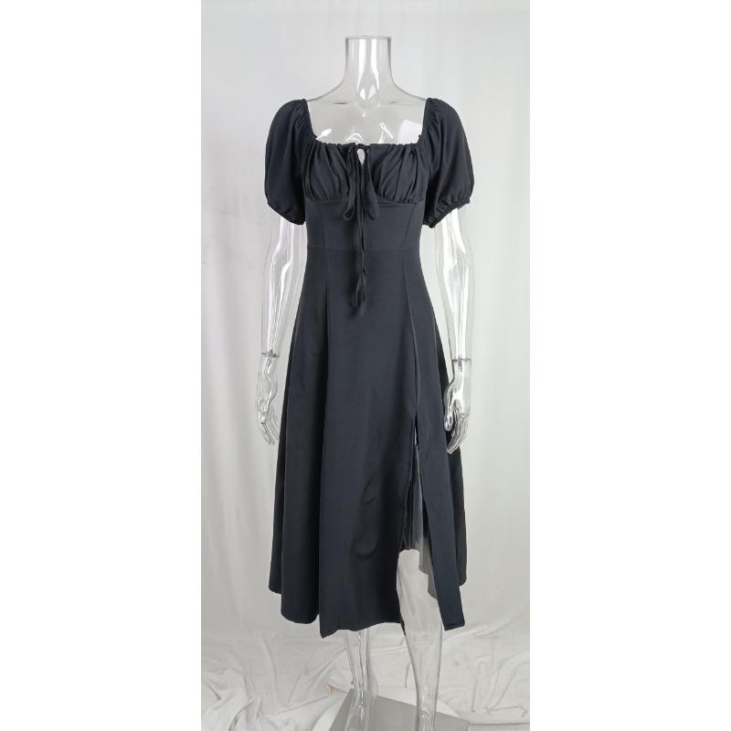 Spring Dresses Women Temperament Commuter Bubble Sleeve Tie Slit Long Skirt