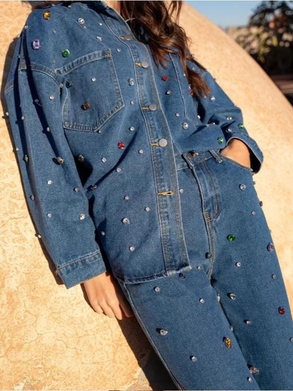 Women's Denim Ensemble: 2025 Beaded Jacket & Trousers Set - Versatile, Loose-Fit Long-Sleeve Cardigan.