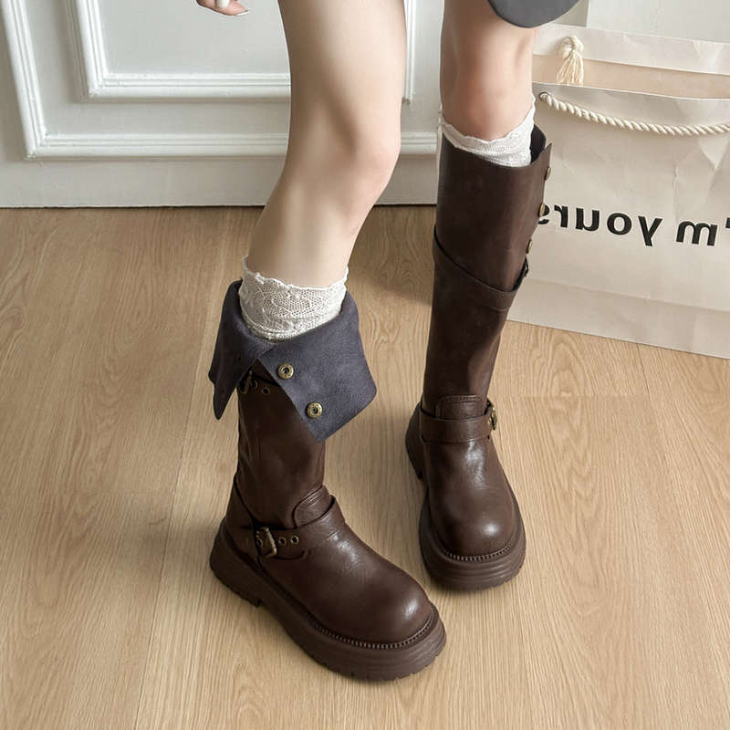 Black Retro British Style Thick Heel Platform Boots Women's 2025 New Autumn But Knee Height Knight Boots