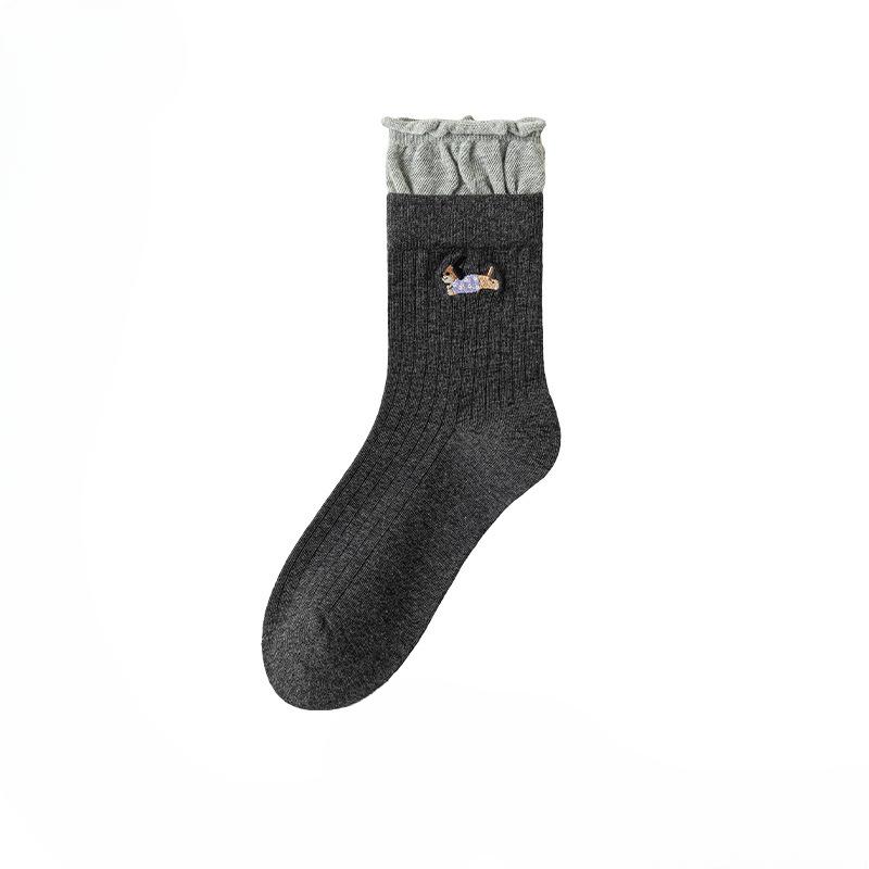 

Женские весенне-осенние мультяшные носки с вышивкой собаки из махры 1 pair темно серый