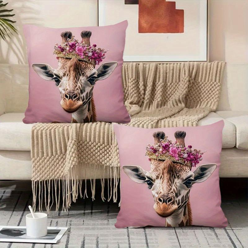 2D Flat- Royal Crown Giraffen Pink Throw Pillow Cover Luxury Animal Decorative Pillowcase For Home Sofa Bedroom