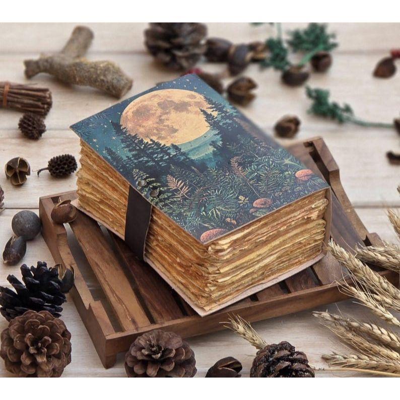 Handmade Leather Journal: Full Moon Forest Design - Witchcraft Grimoire