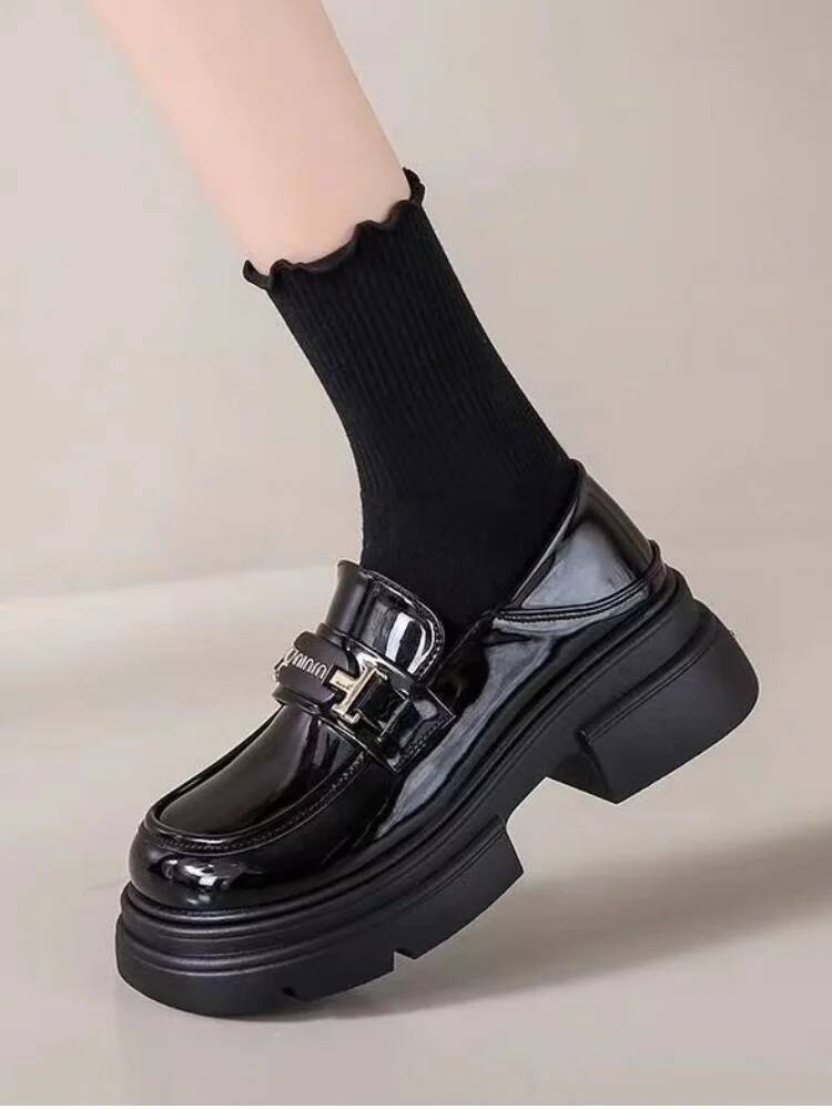 Autumn New Women's Thick Soled Block Heel Leather Shoes Versatile French Loafer Slip On Casual Shoes