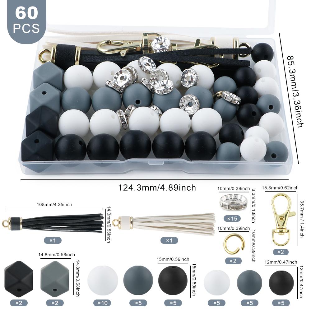 New 60Pcs/Box Leather Keychain Tassels Silicone Bead Round Hexagon Lentil For Jewelry Making DIY Keychain Bracelet Accessories