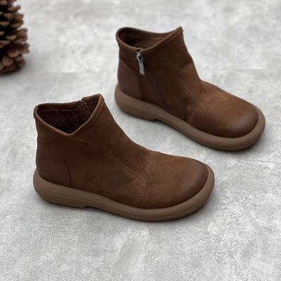 Handgemachte kurze Stiefel aus echtem Leder im Retro-Stil mit runder Spitze, lässig, einfarbig, weiche Sohle, vielseitige Damenstiefel