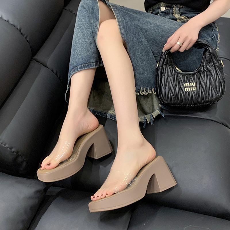Transparent High-heeled Shoes Thick-heeled Slippers Women's Summer Outer Wear Increases Height, Small People Are Not Tired of Feet 2025 New Thick-s