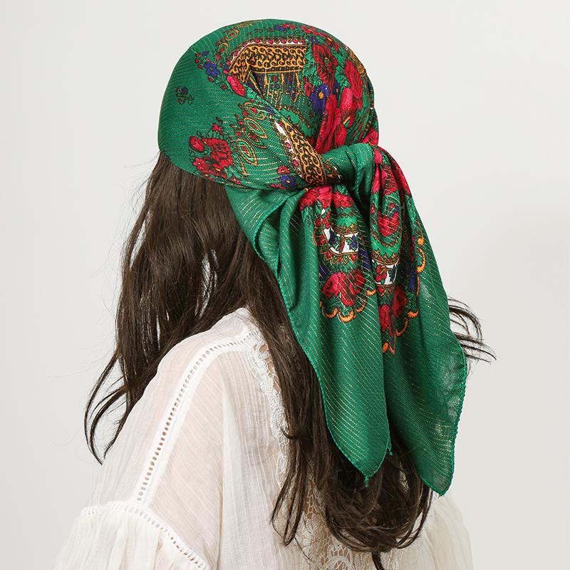 80*80Cm Square Fashion Scarf Women Floral Print Cotton Bandanas Lady Scarves Headband Accessories Handkerchief Shining Hijab