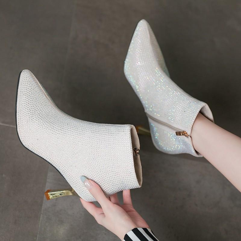 Fashion Autumn Winter Fashion New Party Versatile Women's Boots with Pointed Fine Heels and Water Diamond Women's Fashion Short Boots