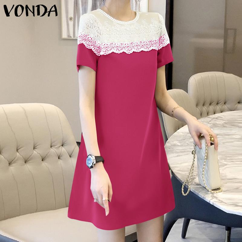VONDA Summer Women Round Neck Long Sleeve Lace Patchwork Straight Mini Dress