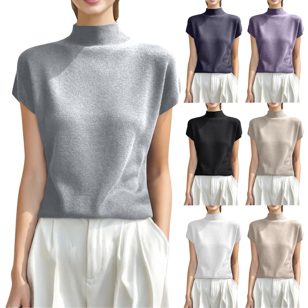 Fashion Knit Short Sleeve Half High Neck T-Shirt For Women