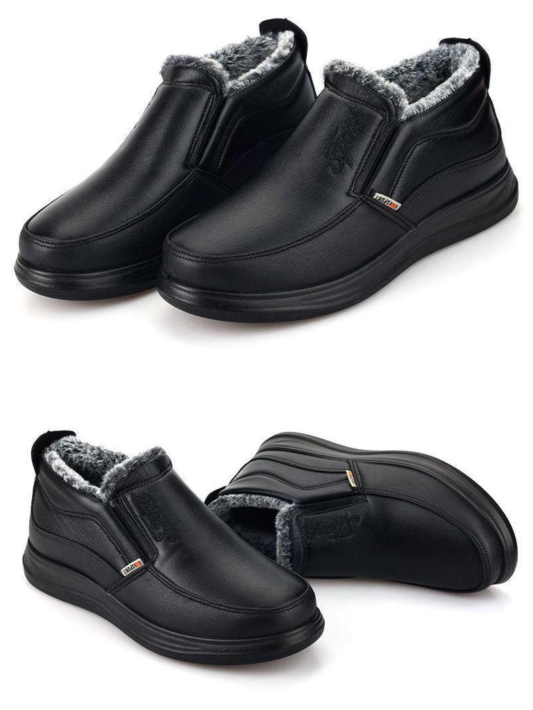 Winter Leather Surface Warm Cotton Snow Boots for Middle-Aged and Elderly - Non-Slip, Wool-Insulated, Thickened Velvet Dad Shoes.