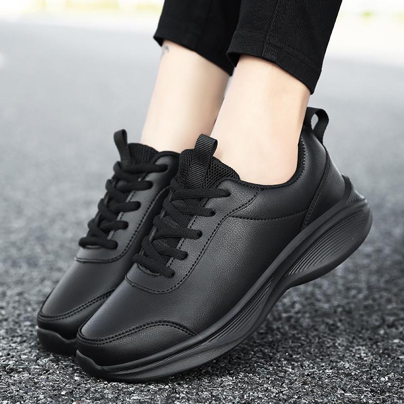 Women PU Leather Running Sneaker Lace-up Sport Light Comfortable Breathable Black Winter Walking Shoes Size 35-43