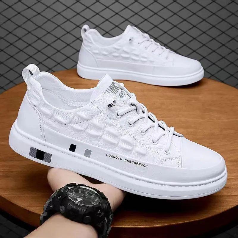 White Crocodile Pattern Leather Sneakers for Men - 2021 Autumn Casual, Versatile, and Non-Slip Soft Sole Shoes.