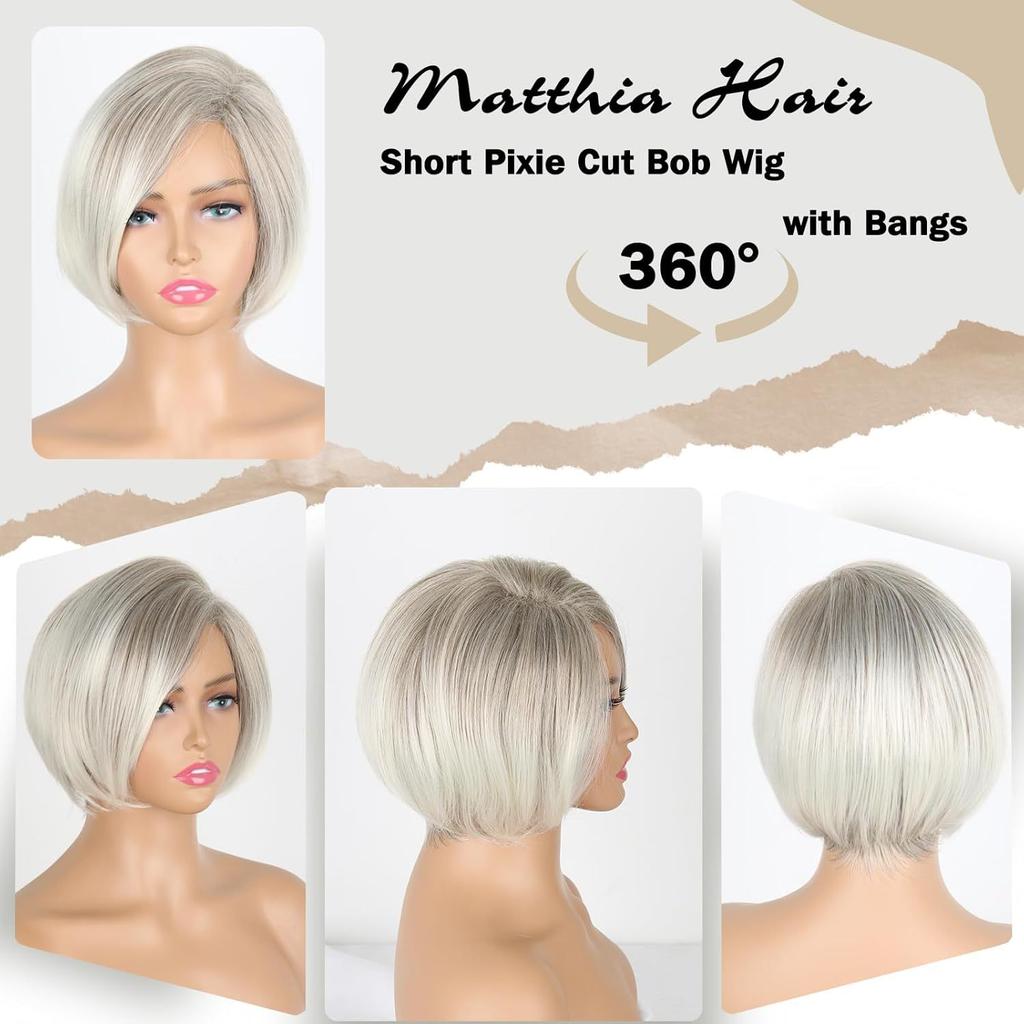 Short Silver Light Blond Synthetic Wigs Natural Straight Layered Wig with Bangs for Women Daily Cosplay Party Heat Resistant Fibre