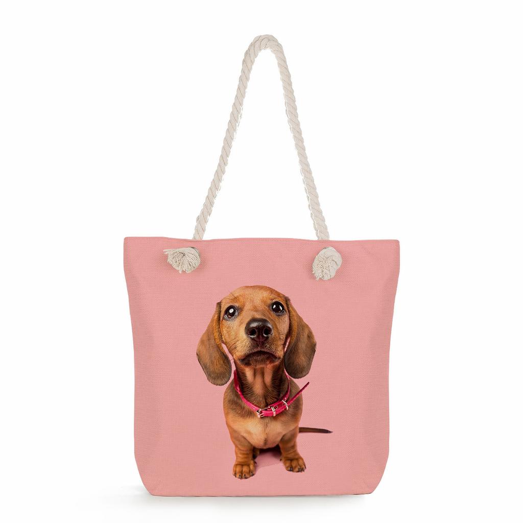 Multifunctional Dog Printed Thick Rope Shoulder Beach Bag Casual Large Capacity Handbag 7621 KTB