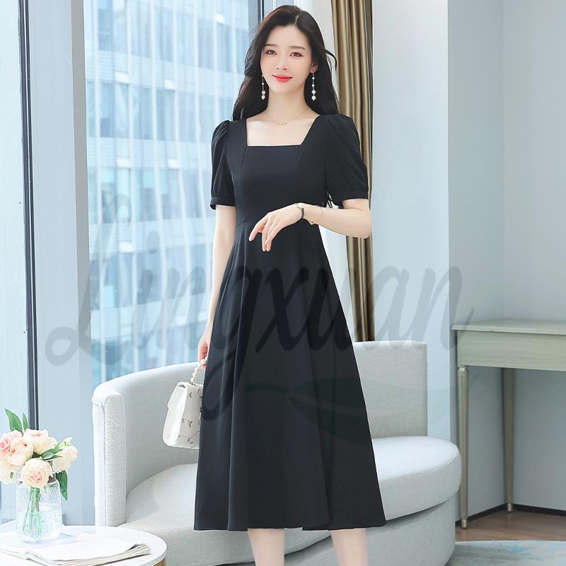 2026 Summer French Retro Red Puff-Sleeve Dress with Square Neck Medium чёрный