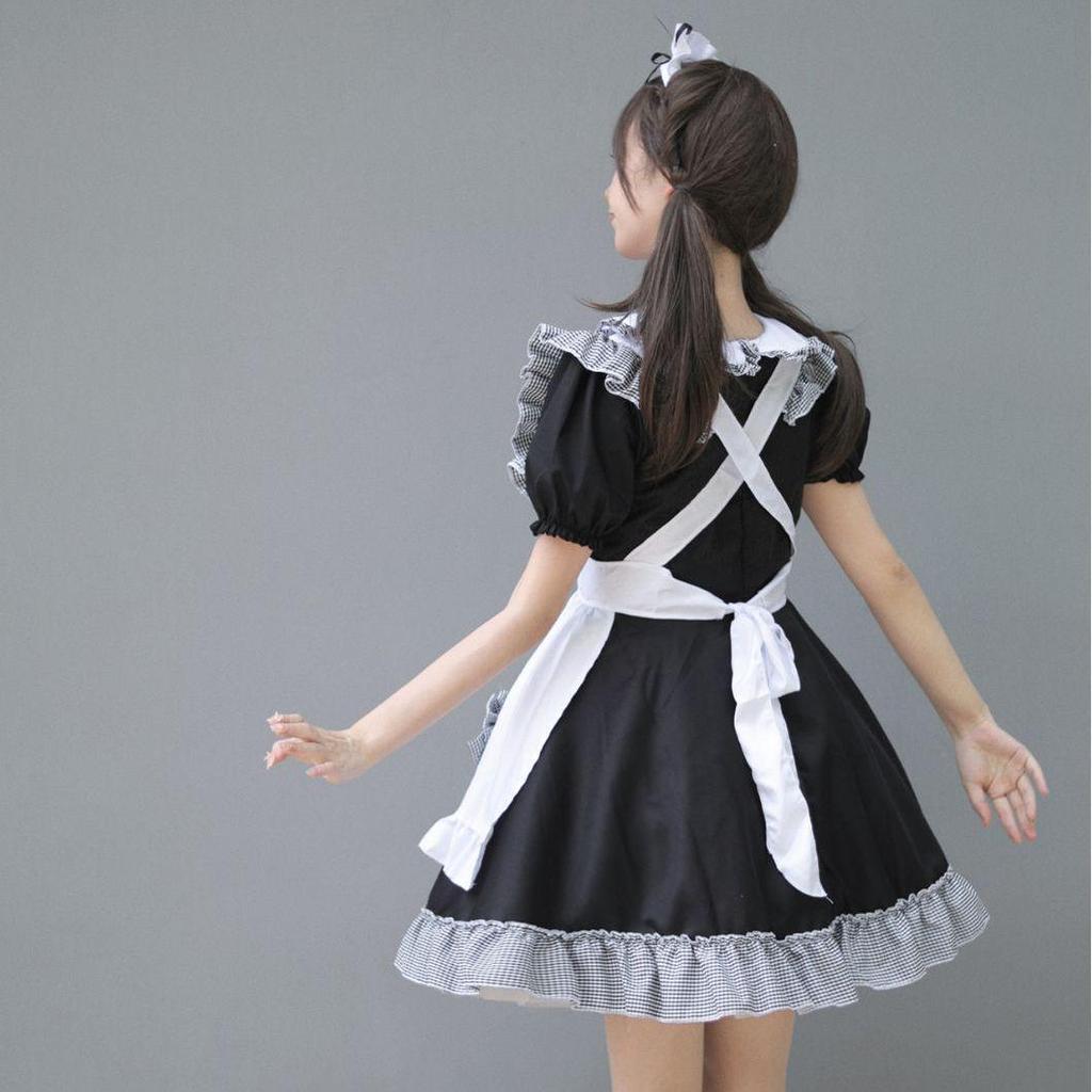 Cosplay Anime 4-Piece Maid Outfit - Cute Black & White Checkered Princess Dress with Bow