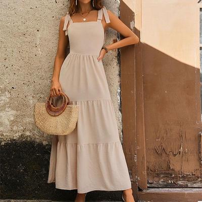 Summer Women Backless Solid Color Suspender Long Dress