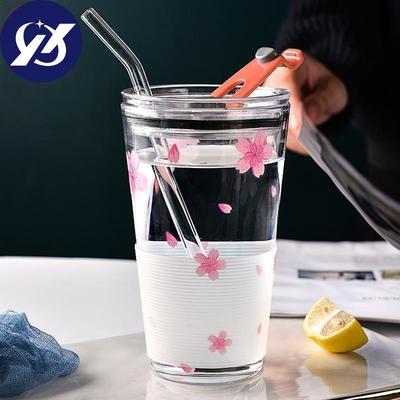 Cherry Blossom Travel Glass Coffee Mug Outdoor Heat-Resistant Scale Teacup With Non-Slip Cover Transparent Milk Breakfast Cup