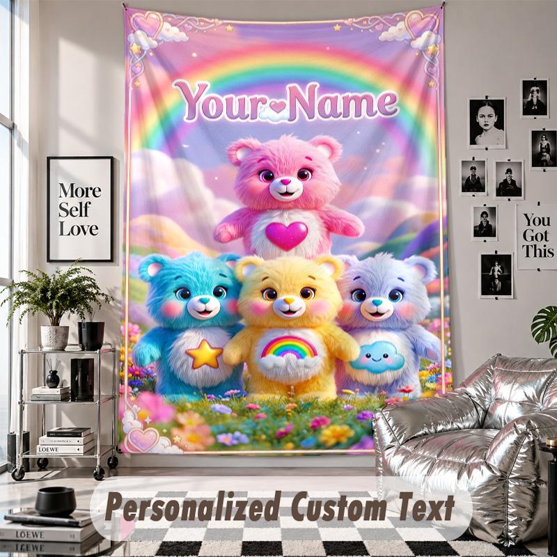 Wall Hanging Tapestry With Custom Name & Text, Care Bears Decorative Tapestry For Bedroom