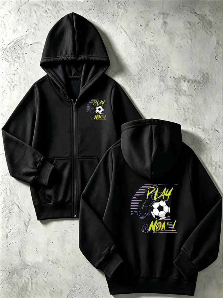 Kids Play Now Soccer Player Graphic Zip Up Hoodie Loose Long Sleeve Hooded Jacket Sports Casual Outerwear For Boys Girls