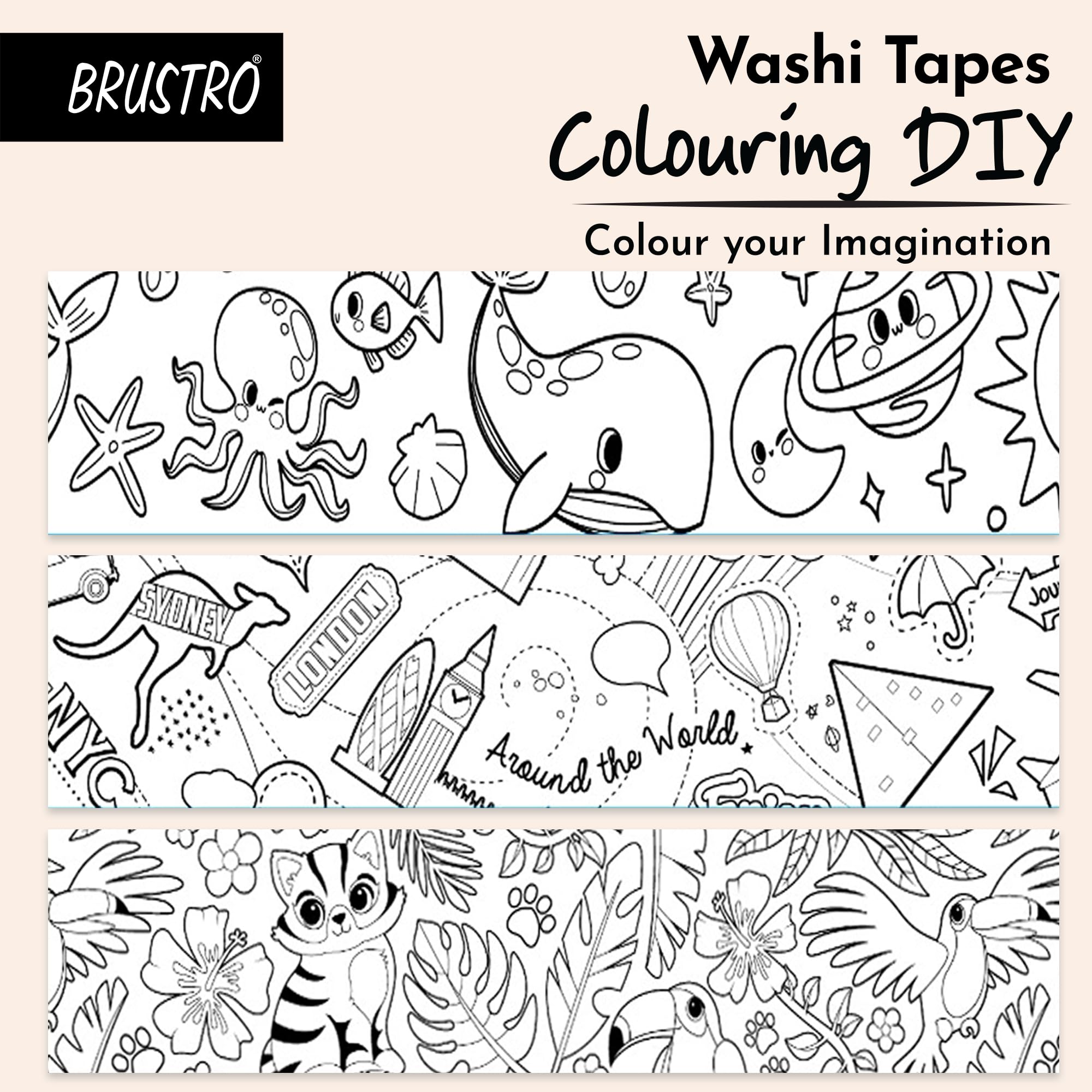 Brustro Washi Masking Tapes Diy Colouring Tapes, 50 Mm X 5 Mtrs (Set Of 3) Colouring DIY