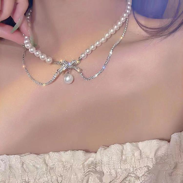 Flash Diamond Bow Pearl Necklace Women's Niche Sweet Cool Babes Light Luxury Collarbone Chain New Beaded Accessories