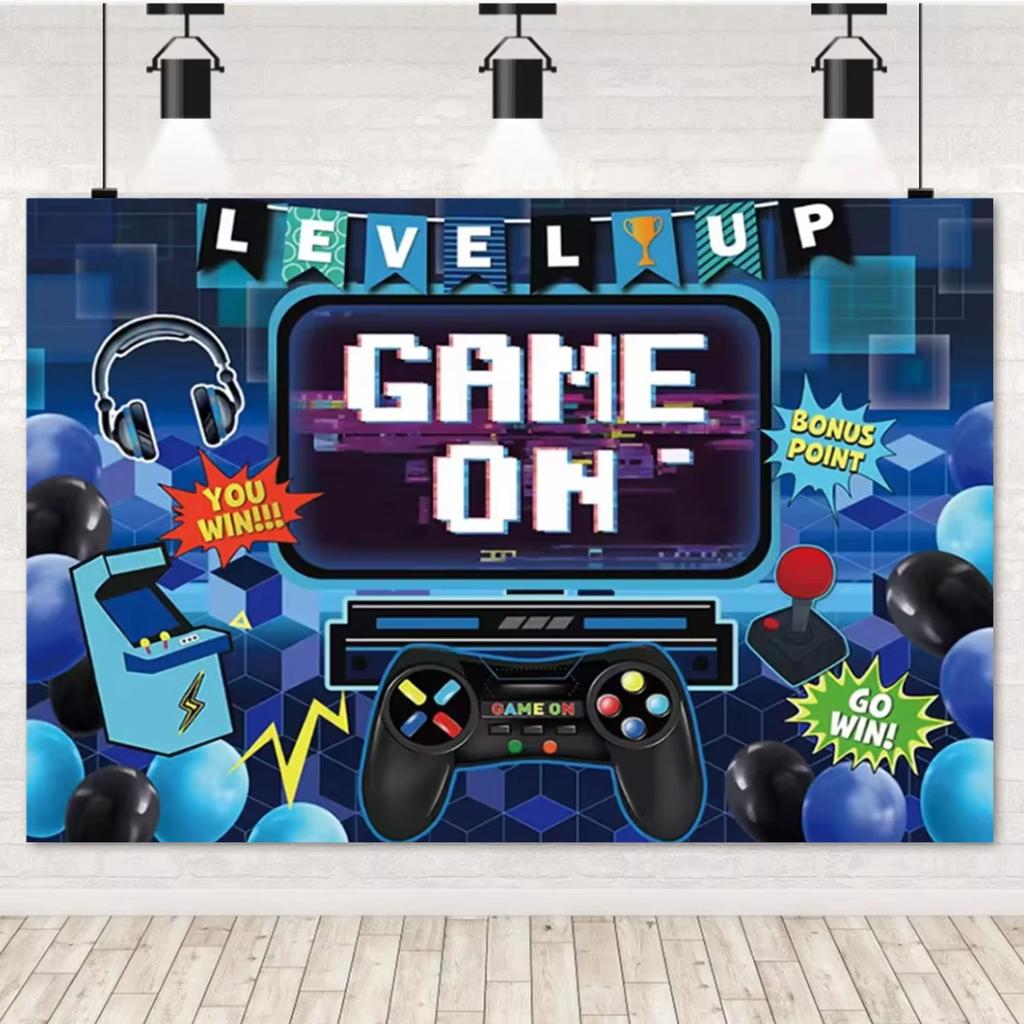 Game On Theme Video Gamer Kids Birthday Party Neon Green Gaming Next Level Up Background Baby Shower Decoration Supplies Props