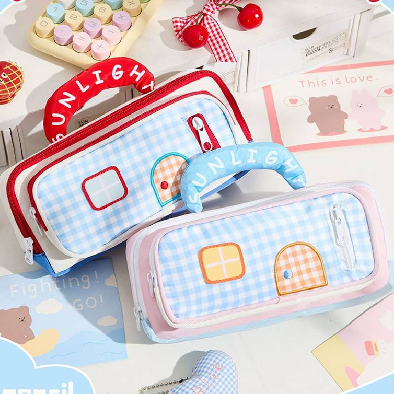 Color Blocks House Pen Case With Large Capacity For Office And School Use
