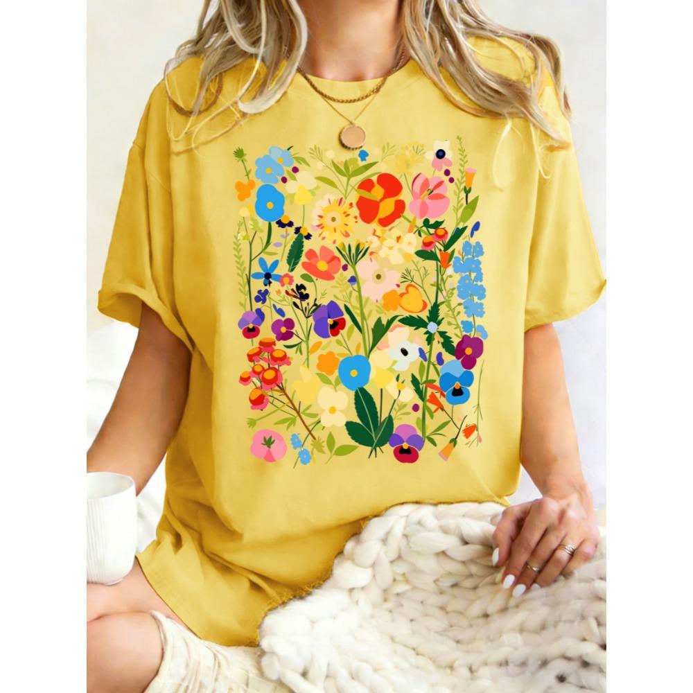 Bohemian Colorful Flowers Design Women T-Shirt Casual Y2K Short Sleeves All-Match Cotton T Shirt Oversized Summer