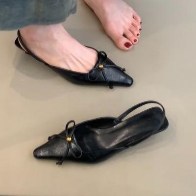 Retro Kitten Heel Spitzsandalen Damen Vielseitige Schleife Ein Pedal Riemchen hinten Taschenkopfschuhe