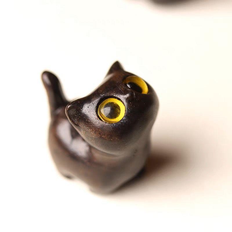 Cute Small Wooden Lucky Cat Figure 1.4" Green Sandalwood Carved Cat Figurine Desk Accessories For Home Decor Parts Gifts
