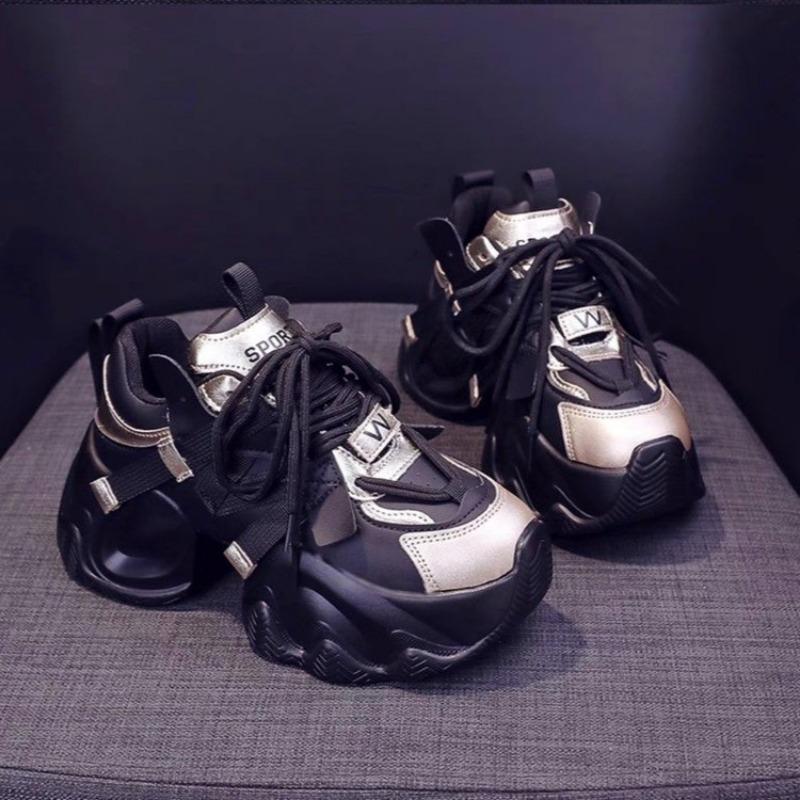 Casual chunky sneakers Women  Synthetic Leather Mixed Colors Thick Soles Lace-up Breathable Ladies Shoes for woman