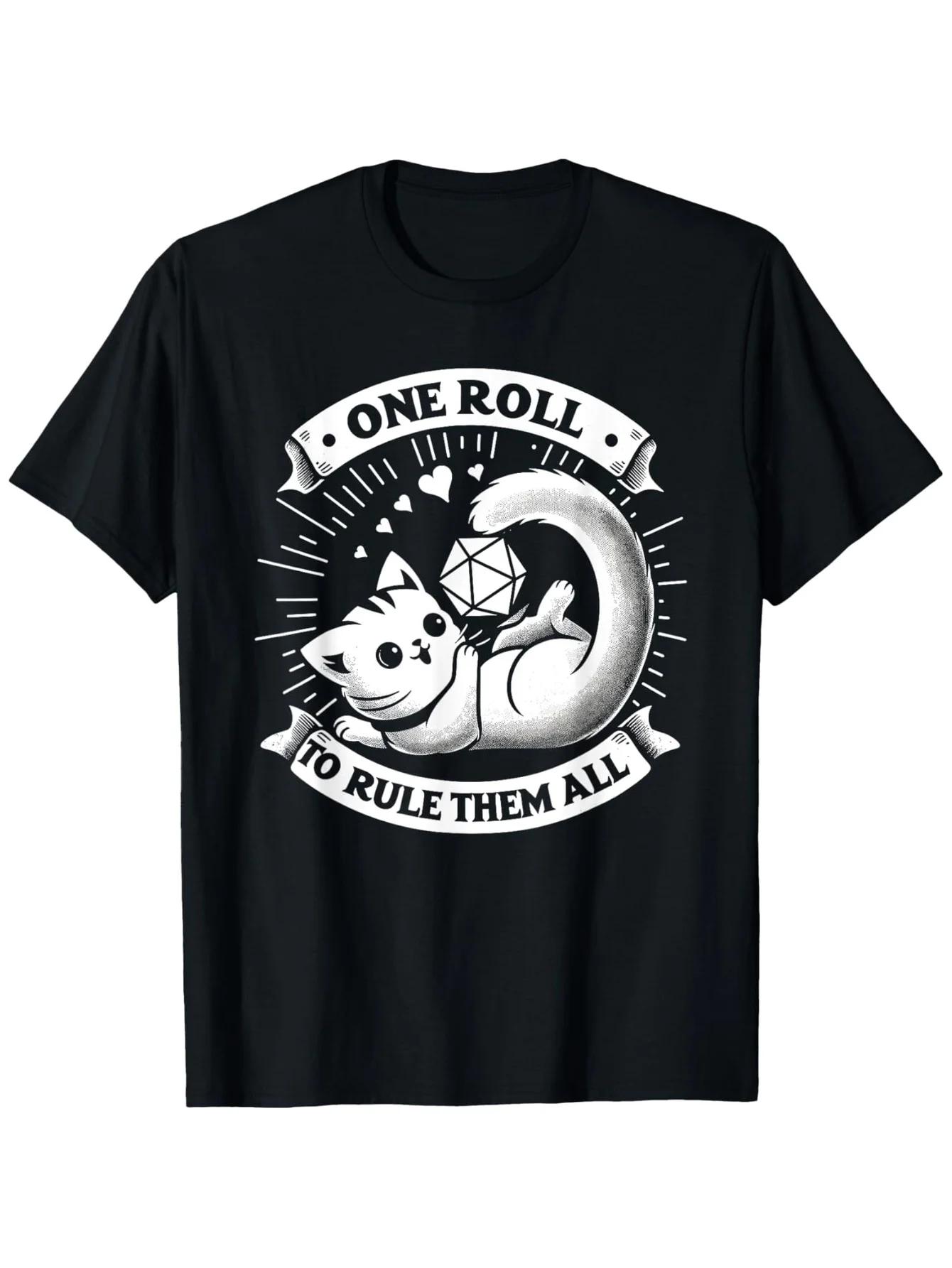One Roll to Rule Them All Funny Cat D20 RPG Dice Graphic TShirt Unisexs Cotton Tee S