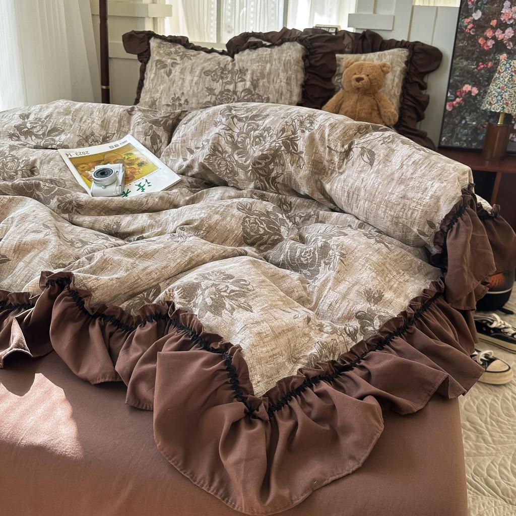 French Retro Lace Linen Bedding Set: Skin-Friendly Duvet Cover & Fitted Sheet