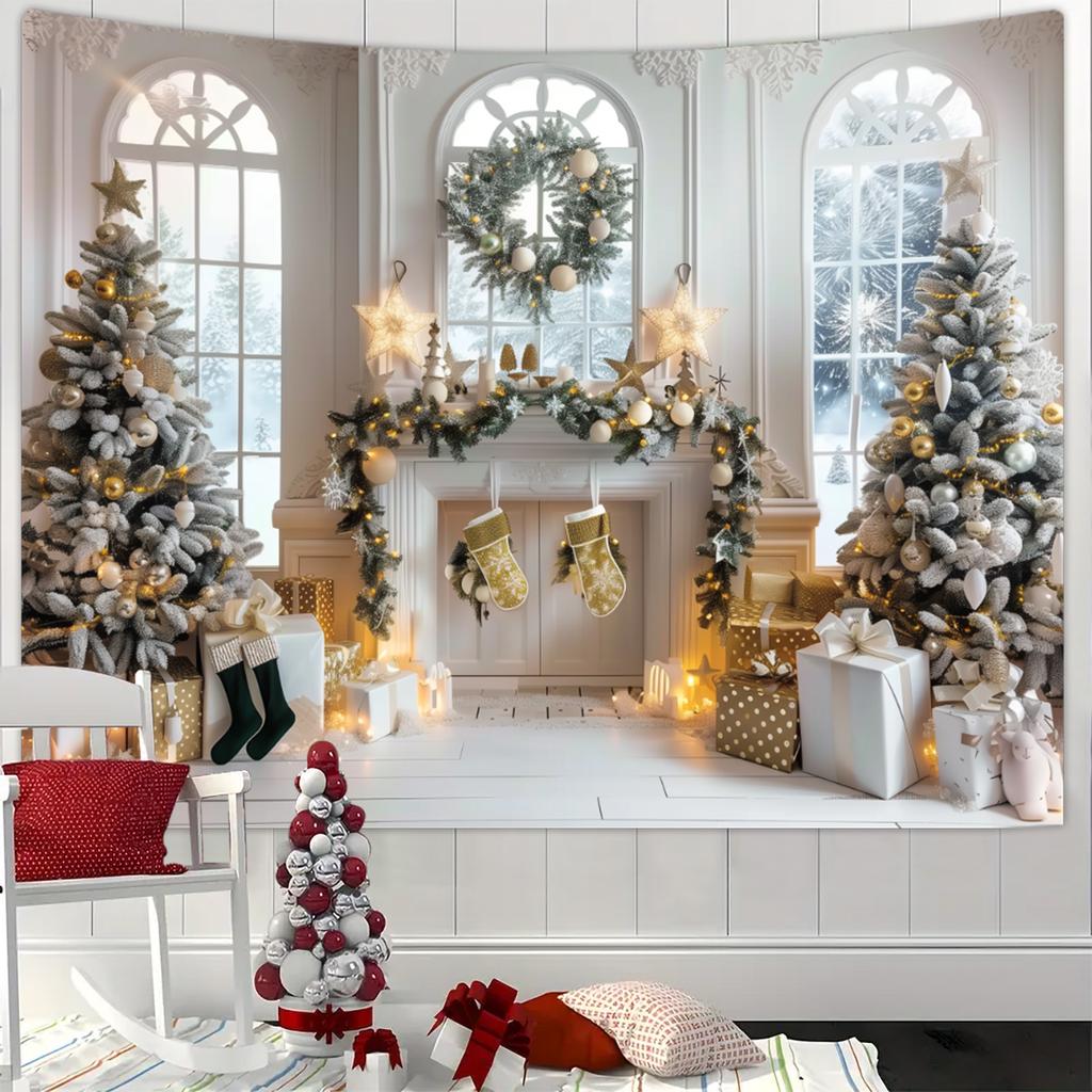 1pc Christmas Decoration Poster Tapestry, Christmas Tree Snow Scene Decoration Photography Background Banner