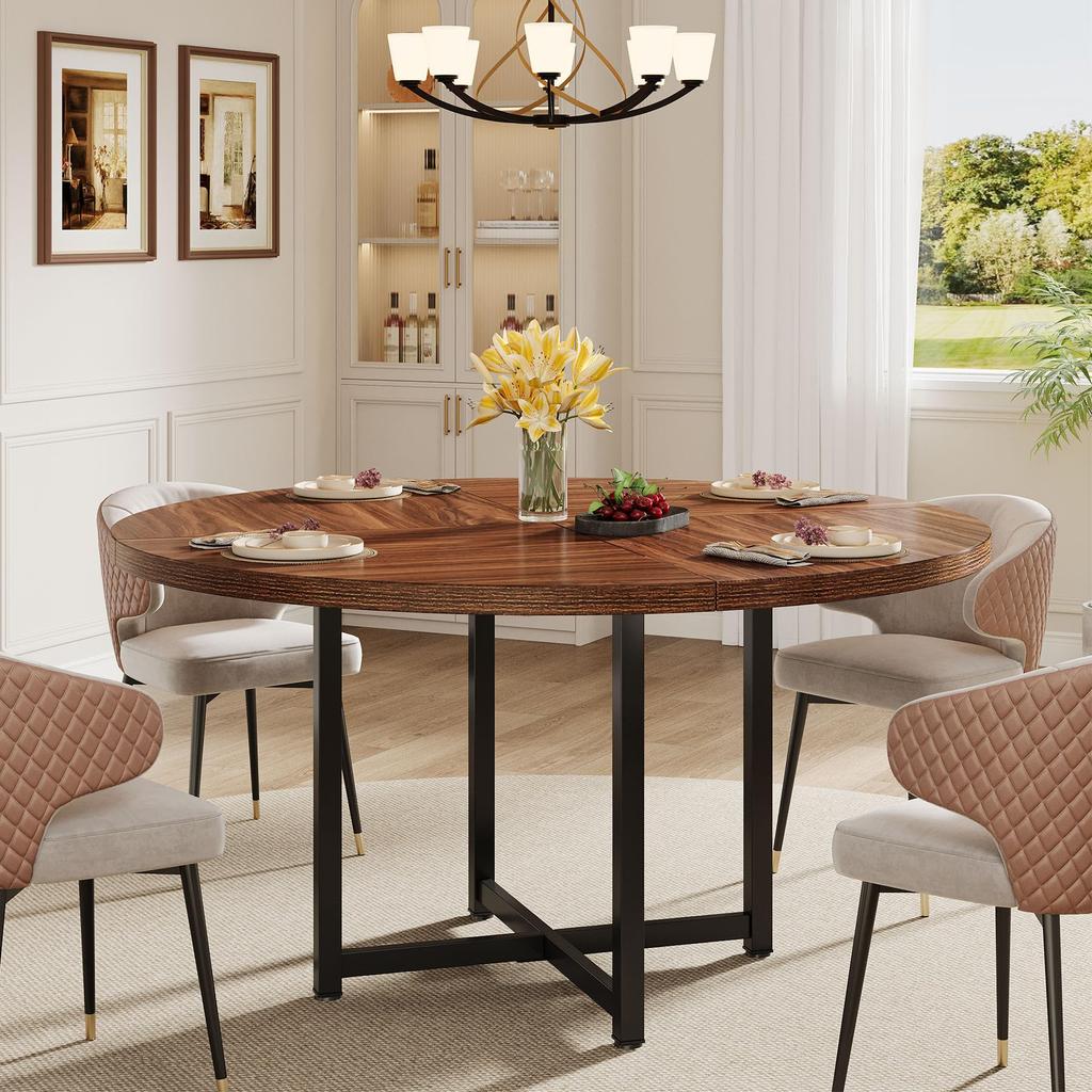 Tribesigns Round Dining Table for 4-6, 120cm Circle Kitchen Table, Modern Wood Small Dinner Tables, with Sturdy Cross Metal Legs