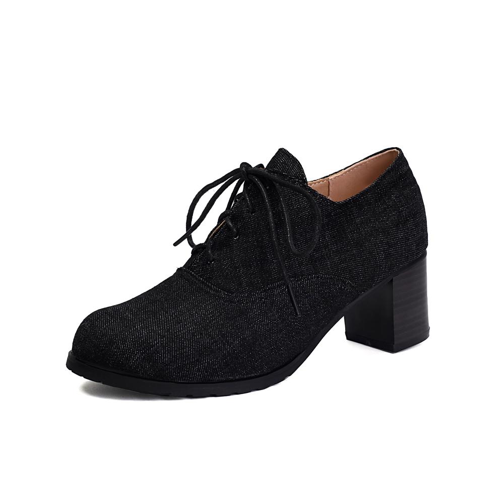 

Vintage Denim Women Lace Up Pumps Square Heel Round Toe High Heels British Style Oxfords Autumn Low Top Student Shoes Blue Boots 35