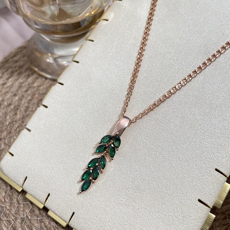 Vintage Green Zircon Leaf Pendant Necklace Rose Gold Color Luxury Dangle Necklace For Women Gift