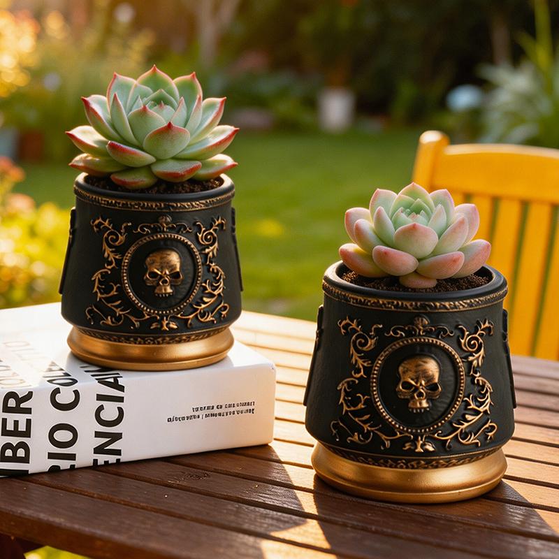 Gothic Skull Embossed Flower Pot Black Gold Resin Planter for Succulents Small Plants Home Office Desktop Window Decoration