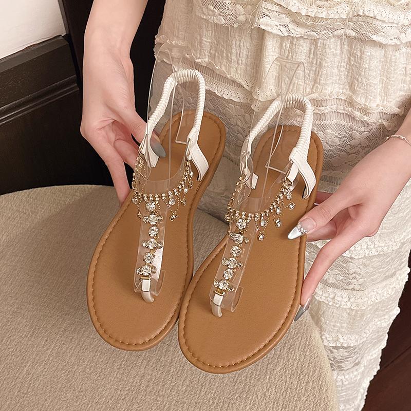 Fashion Beige Heeled Sandals Low-Heeled Shoes With Strap Large Size 2025 Women's Flip Flops Platform Black Low-heeled Girls Big Rhinesto