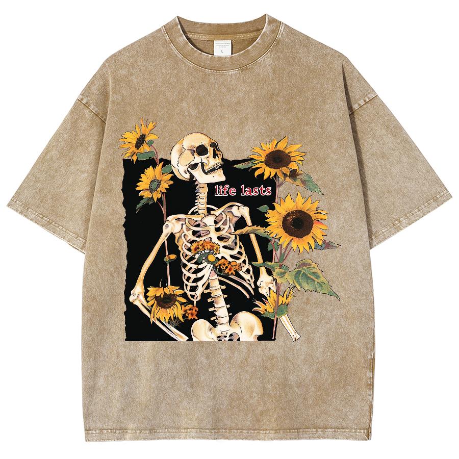 

Летняя женская футболка Y2KЖенская одежда Распродажа Оверсайз Принт черепа и подсолнуха Свободный вываренный топ Тренд Короткий рукав 2XL