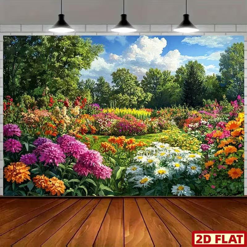 2D Spring Floral Backdrop, Lush Garden with Colorful Flowers Photography Background